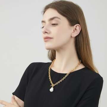 HUONGWIN Chunky Gold Choker Toggle Clasp Baroque Pearl Necklace For Women Trendy 14k Plated Anchor Link Chain Charm Pendant Necklaces
