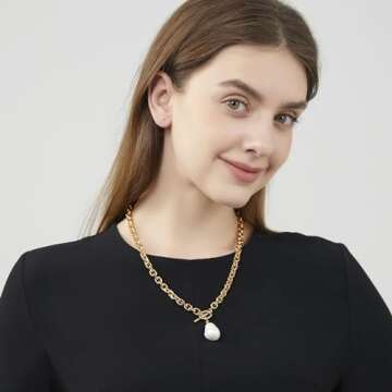 HUONGWIN Chunky Gold Choker Toggle Clasp Baroque Pearl Necklace For Women Trendy 14k Plated Anchor Link Chain Charm Pendant Necklaces