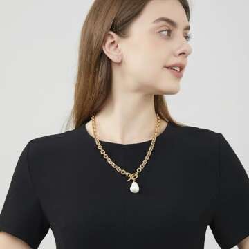 HUONGWIN Chunky Gold Choker Toggle Clasp Baroque Pearl Necklace For Women Trendy 14k Plated Anchor Link Chain Charm Pendant Necklaces