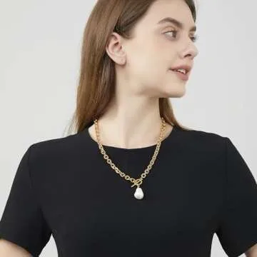 HUONGWIN Chunky Gold Choker Toggle Clasp Baroque Pearl Necklace For Women Trendy 14k Plated Anchor Link Chain Charm Pendant Necklaces