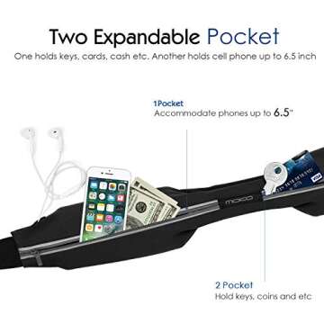 MoKo Sports Running Belt,Outdoor Dual Pouch Sweatproof Reflective Slim Waist Pack,Fitness Workout Be...