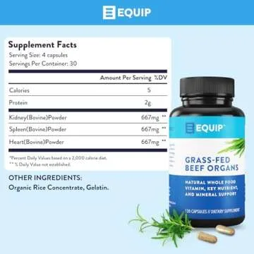 Equip Foods Grass-Fed Beef Organs | Grass Fed Beef Organ Supplement | Support Heart, Kidney & Spleen Health, Detox, Digestion & Metabolism | Antibiotic and GMO Free | 120 Capsules, 30 Servings