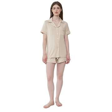 Cherrydew Women Bamboo Viscose Super Soft Comfy Summer Cooling Short Sleeve Button Down Pajama Shorts Sets (Cream,S)