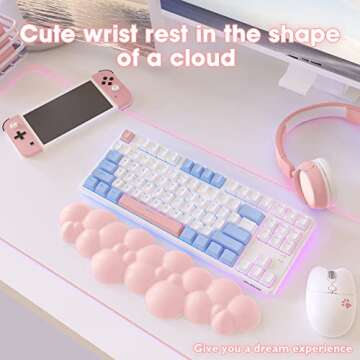 MANBASNAKE Keyboard Cloud Wrist Rest,PU High Density Memory Foam with Non-Slip Base for Typing Pain Relief,Ergonomic Keyboard Pad with Wrist Support for Home Office/Computer/Laptop/Gaming-Light Pink