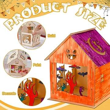 WinnerWhy 9 Pcs Haunted House Kit Painting Halloween Crafts for Kids Wooden Houses with Colors Markers DIY Graffiti Crafts Pumpkin Witch Ghost Haunted House for Kids Paint Art