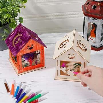 WinnerWhy 9 Pcs Haunted House Kit Painting Halloween Crafts for Kids Wooden Houses with Colors Markers DIY Graffiti Crafts Pumpkin Witch Ghost Haunted House for Kids Paint Art