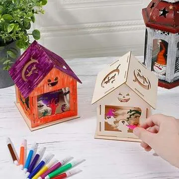 WinnerWhy 9 Pcs Haunted House Kit Painting Halloween Crafts for Kids Wooden Houses with Colors Markers DIY Graffiti Crafts Pumpkin Witch Ghost Haunted House for Kids Paint Art