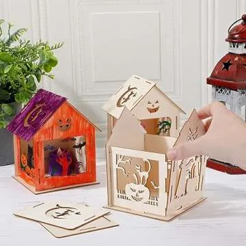 WinnerWhy 9 Pcs Haunted House Kit Painting Halloween Crafts for Kids Wooden Houses with Colors Markers DIY Graffiti Crafts Pumpkin Witch Ghost Haunted House for Kids Paint Art