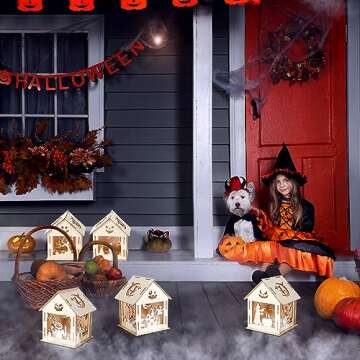 WinnerWhy 9 Pcs Haunted House Kit Painting Halloween Crafts for Kids Wooden Houses with Colors Markers DIY Graffiti Crafts Pumpkin Witch Ghost Haunted House for Kids Paint Art