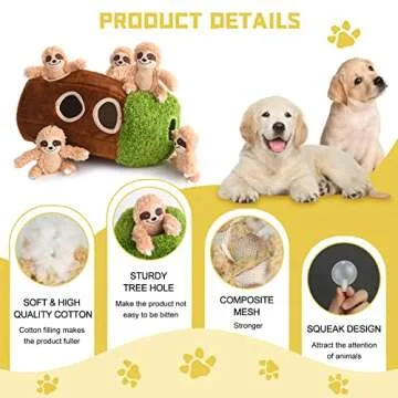 okegztoa Interactive Squeaky Dog Toys Plush Sloth Dog Toy, Stuffing Woodland Friends Burrow, Squeaky Plush Dog Toy for Small Medium Large Dogs (Large)