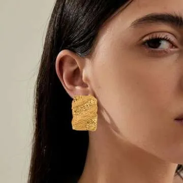 Colkiow Large Chunky Gold Earrings for Women trendy Vintage Statement Hammered Gold Stud Earrings Li...