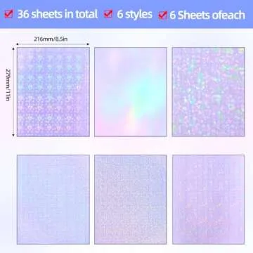 36 Sheets Holographic Sticker Paper, Clear Vinyl Lamination Sticker Film Self Adhesive, Transparent Overlay Laminate Sticker Paper Waterproof-Gem/Dots/Sand Star/Rainbow/Star/Heart, 8.5x11 Inch