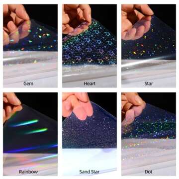 36 Sheets Holographic Sticker Paper, Clear Vinyl Lamination Sticker Film Self Adhesive, Transparent Overlay Laminate Sticker Paper Waterproof-Gem/Dots/Sand Star/Rainbow/Star/Heart, 8.5x11 Inch