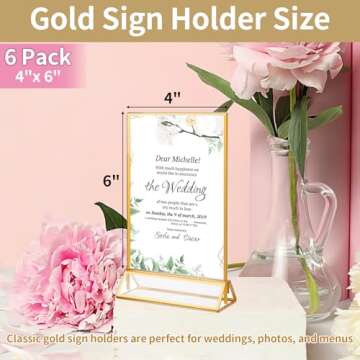 Svalor Gold Acrylic Sign Holder 4X6 inch, 6 Pack Wedding Table Number Frames Vertical , Double Sided Display Gold Picture Frame, Clear Menu Holders for Wedding Reception, Party Decoration
