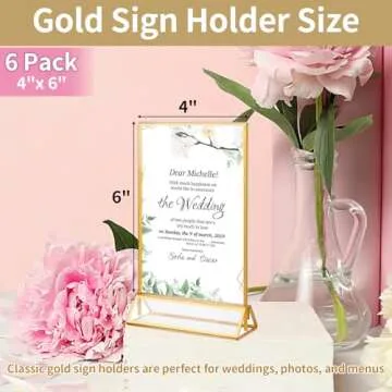 Svalor Gold Acrylic Sign Holder 4X6 inch, 6 Pack Wedding Table Number Frames Vertical , Double Sided Display Gold Picture Frame, Clear Menu Holders for Wedding Reception, Party Decoration