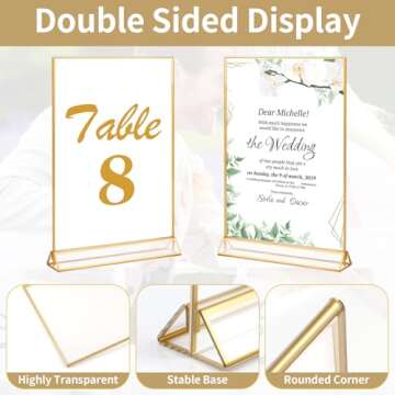 Svalor Gold Acrylic Sign Holder 4X6 inch, 6 Pack Wedding Table Number Frames Vertical , Double Sided Display Gold Picture Frame, Clear Menu Holders for Wedding Reception, Party Decoration