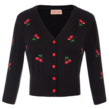 Belle Poque Women's Cropped Cardigan with Cherry Embroidery - Black L