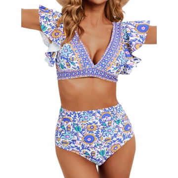Soucrat Women Bathing Suits Two Piece Ruffle V Neck Swimsuits Ruched Push Up Swim Tops Binikis