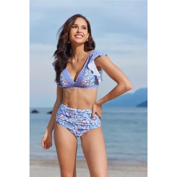 Soucrat Women Bathing Suits Two Piece Ruffle V Neck Swimsuits Ruched Push Up Swim Tops Binikis