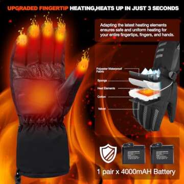 4000mAh Heated Gloves for Men Women, Rechargeable Electric Battery Hand Warmers Gloves Heating Winte...