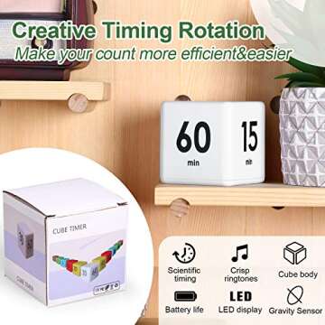 Weewooday Cube Timer Block for ADHD Productivity Workout Gravity Sensor Flip Kitchen Desk Timer for Learning Time Countdown Management Settings 15 20 30 60 Minutes, 2.6 Inch(White)