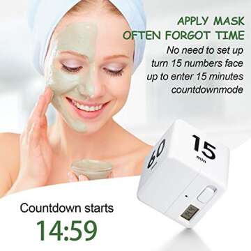 Weewooday Cube Timer Block for ADHD Productivity Workout Gravity Sensor Flip Kitchen Desk Timer for Learning Time Countdown Management Settings 15 20 30 60 Minutes, 2.6 Inch(White)