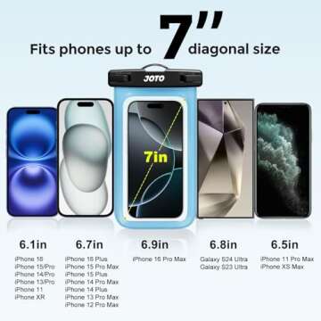 JOTO Universal Waterproof Pouch Case for iPhone 16 15 14 13 Plus Pro Max, IPX8 Cellphone Dry Bag 12 11 Pro Max XR X 8 7 6S Plus SE, Galaxy S23 S22 S21 S20+ S20 S10 Plus Note, Pixel up to 7" -Blue
