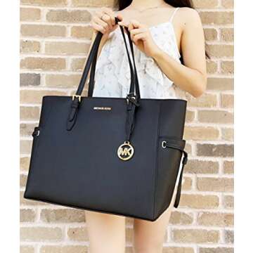 Michael Kors Gilly Large Jet Set Drawstring Top Zip Tote Black Saffiano Leather