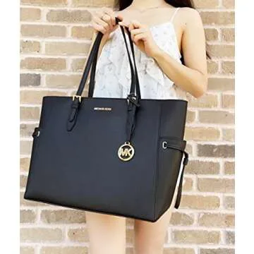 Michael Kors Gilly Large Jet Set Drawstring Top Zip Tote Black Saffiano Leather