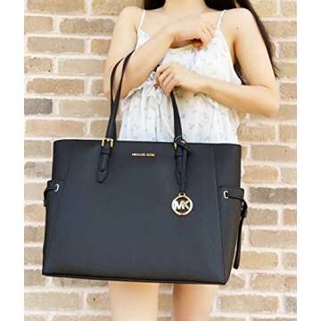 Michael Kors Gilly Large Jet Set Drawstring Top Zip Tote Black Saffiano Leather