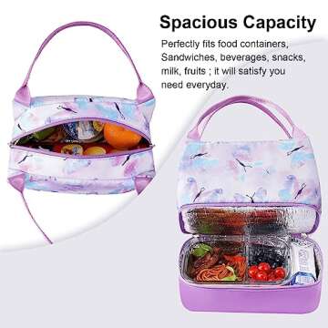 DiiCCi Small Purple Lunch Bags for Women, Double Deck Lunch Box for Adults,Portable Lunch Tote Bag for Work Travel Office Picnic Hiking Butterfly