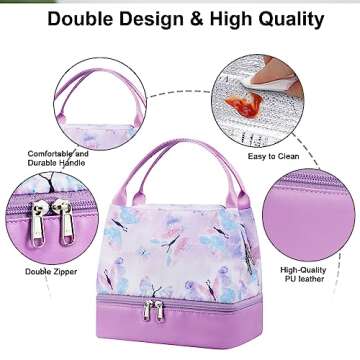 DiiCCi Small Purple Lunch Bags for Women, Double Deck Lunch Box for Adults,Portable Lunch Tote Bag for Work Travel Office Picnic Hiking Butterfly