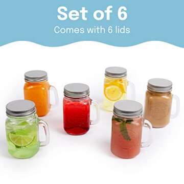 Estilo Mason Jar, 16 oz, Set of 6, Glass Drinking Cups with Handles, Tin Lids, Overnight Oats Jars, Smoothie Cups