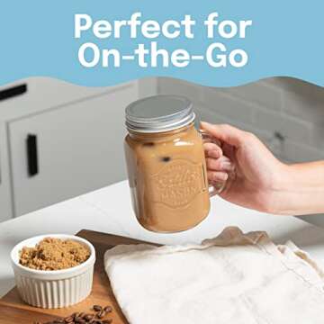 Estilo Mason Jar, 16 oz, Set of 6, Glass Drinking Cups with Handles, Tin Lids, Overnight Oats Jars, Smoothie Cups