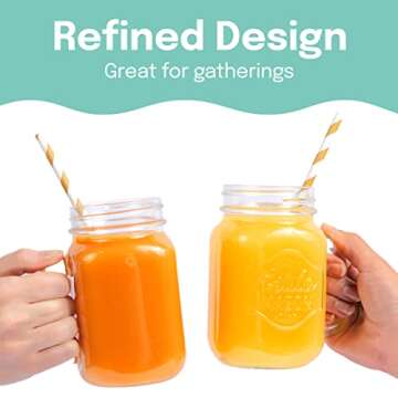 Estilo Mason Jar, 16 oz, Set of 6, Glass Drinking Cups with Handles, Tin Lids, Overnight Oats Jars, Smoothie Cups