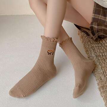zrylibya Women's Ruffle Frilly Rib Knit Crew Socks - Floral Embroidery Scalloped Ankle Socks (5 Pair...