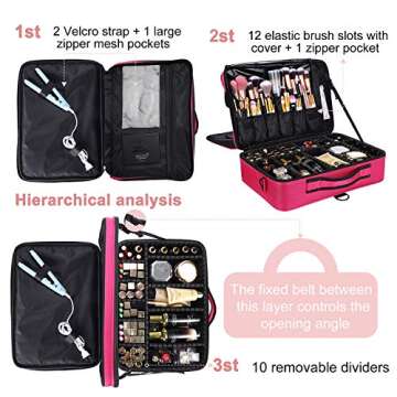 JOURMON Makeup Case Travel Makeup Train Case Organizer Cosmetic Bag Portable with Adjustable Dividers and Shoulder Strap for Makeup Brushes Toiletry Travel Accessories(Rose Red, L)