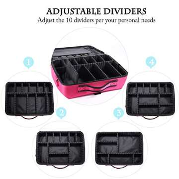 JOURMON Makeup Case Travel Makeup Train Case Organizer Cosmetic Bag Portable with Adjustable Dividers and Shoulder Strap for Makeup Brushes Toiletry Travel Accessories(Rose Red, L)