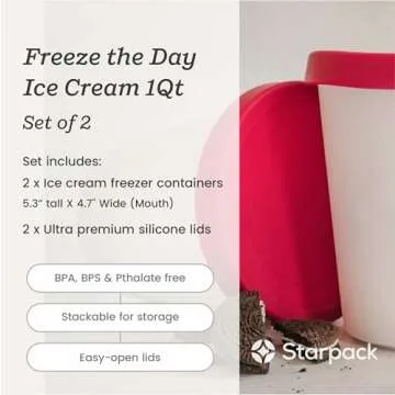 Starpack 'Freeze the Day' Ice Cream Storage Container for Freezer (2 Pcs) - 1 Quart Ice Cream Containers for Homemade Dessert - Reusable Frozen Treat Containers with Lids - Leak-Free Lids (Silicone)