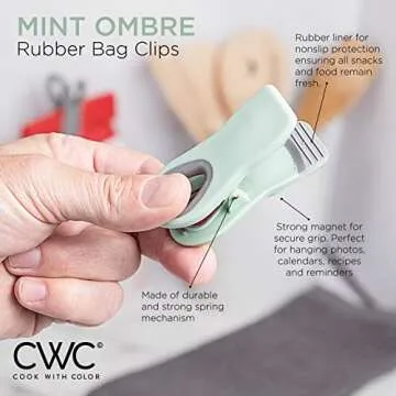 COOK WITH COLOR Bag Clips with Magnet - Chip Clips, Food Storage with Airtight Seal Grip for Bread, Snack and Food Bags (Mint and Grey, Pack of 5)