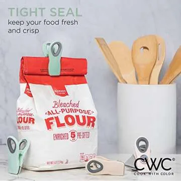 COOK WITH COLOR Bag Clips with Magnet - Chip Clips, Food Storage with Airtight Seal Grip for Bread, Snack and Food Bags (Mint and Grey, Pack of 5)