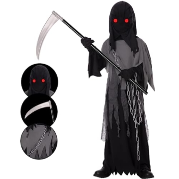 Lomesion Grim Reaper Costume for Kids - Glowing Red Eyes, Skull Gloves & Scythe