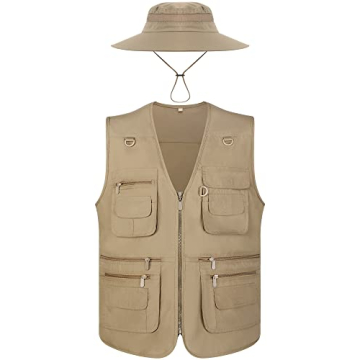Janmercy 2 Pieces Men's Work Fishing Vest with Hat Lightweight Safari Travel Hunting Waistcoat With ...