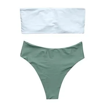 OMKAGI Women's 2 Pieces Bandeau Bikini Swimsuits Off Shoulder High Waist Bathing Suit High Cut(Mediu...