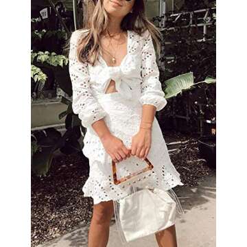 Conmoto Women's Sexy Long Sleeve Lace Ruffle Mini Dress Hollow Out Summer Dress White 4-6