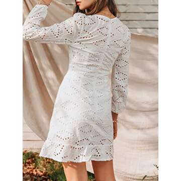 Conmoto Women's Sexy Long Sleeve Lace Ruffle Mini Dress Hollow Out Summer Dress White 4-6