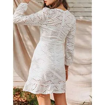 Conmoto Women's Sexy Long Sleeve Lace Ruffle Mini Dress Hollow Out Summer Dress White 4-6