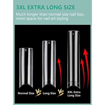 504 PCS No C Curve Clear Nail Tips for Acrylic Nails Professional, 3XL Extra Long, 12 Sizes Half Cover Straight Tapered Square French Fake Nail Tips for Nail Salons Home DIY
