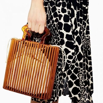 Womens Fashion Bamboo Bag with Acrylic Handle Bucket Bag Summer Beach Clutch Purse Handbags