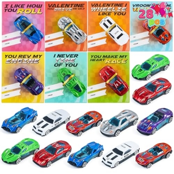 JOYIN 28 Vibrant Valentine's Day Cards Set with Die-Cast Racing Cars for Kids